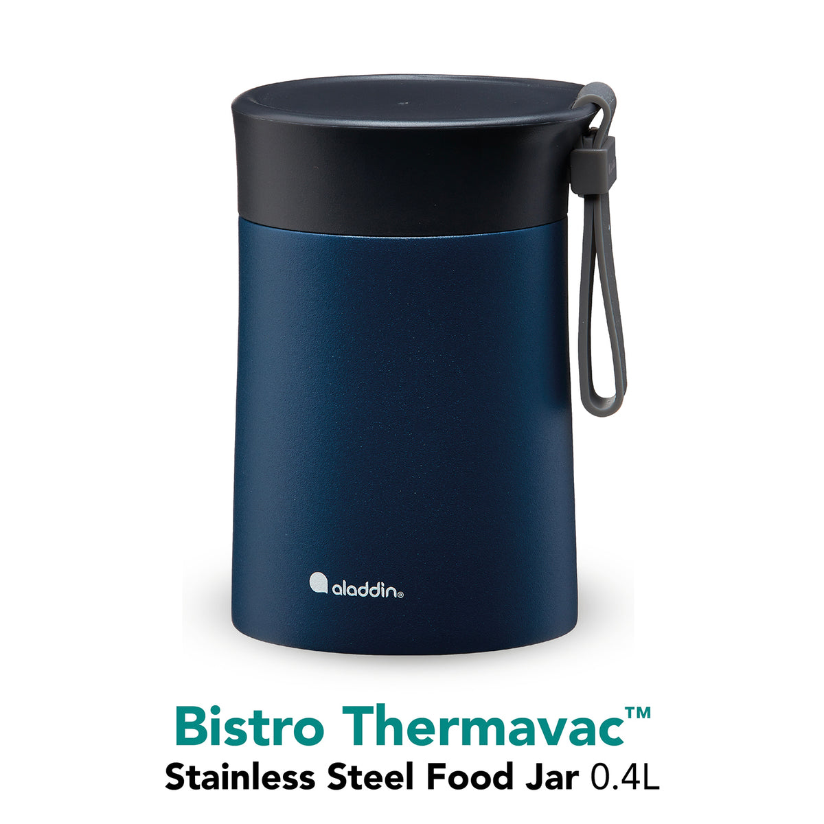 Blue ALADDIN lunch beaker with 400ml capacity, featuring a secure lid and durable design for carrying beverages.
