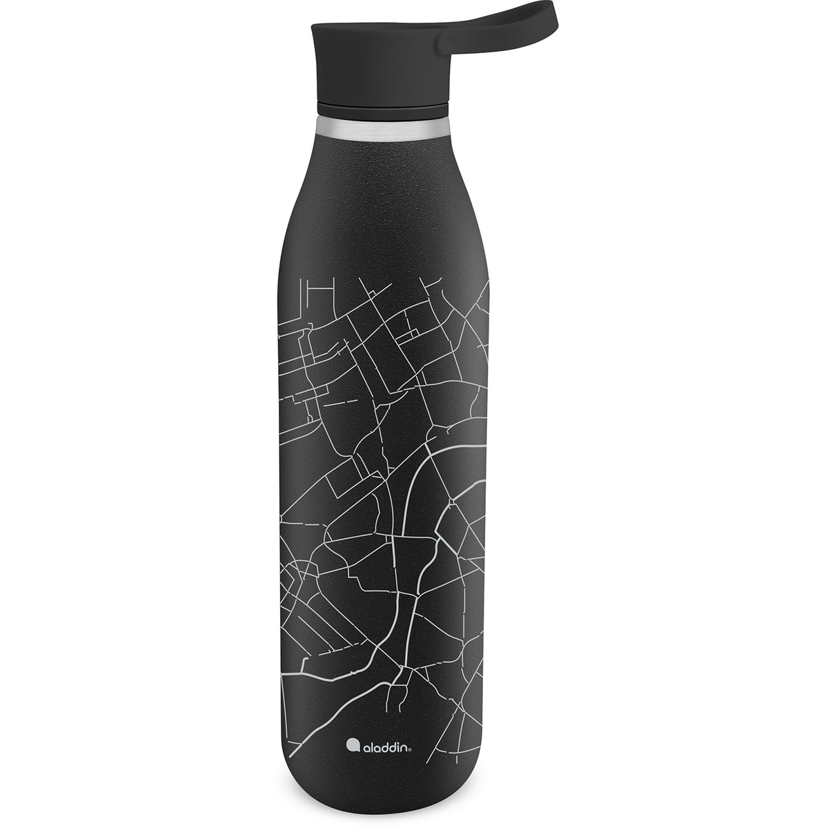 Black ALADDIN City Loop insulated bottle with 600ml capacity, featuring a sleek design for keeping beverages hot or cold.