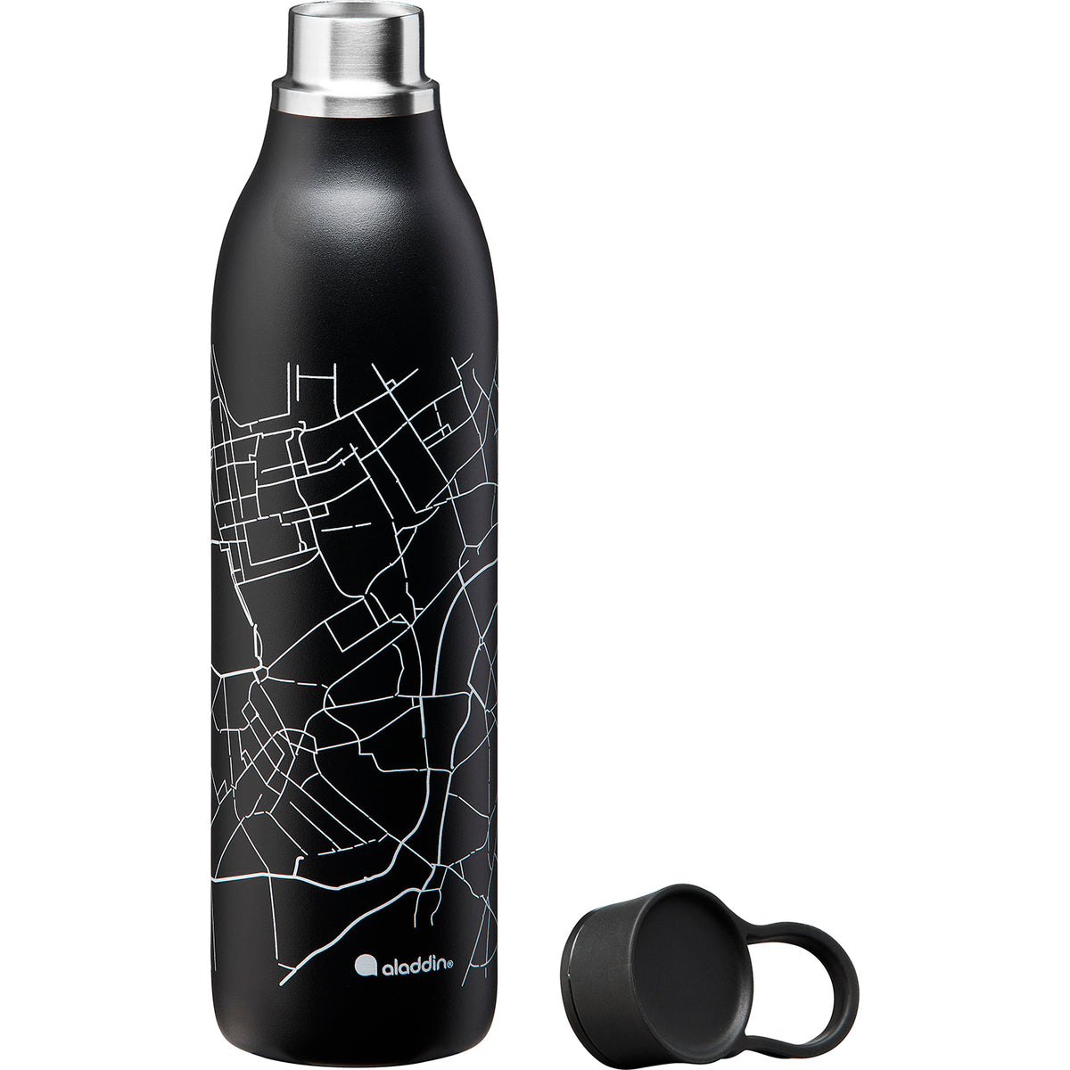 ALADDIN City Loop insulated flask in black with 600ml capacity, featuring a sleek design and secure lid for hot or cold beverages.