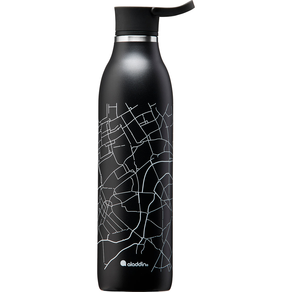 Black ALADDIN City Loop insulated bottle with 600ml capacity, showing the sleek design and lid on a plain background.