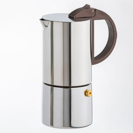 GNALI & ZANI Chicca espresso maker, stainless steel stovetop espresso pot with black handle and lid, designed for brewing rich coffee.
