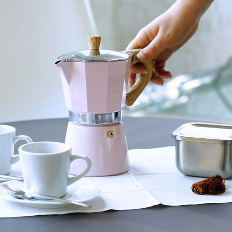 Pink GNALI & ZANI Venezia espresso maker with a classic stovetop design, featuring a polished metal finish.