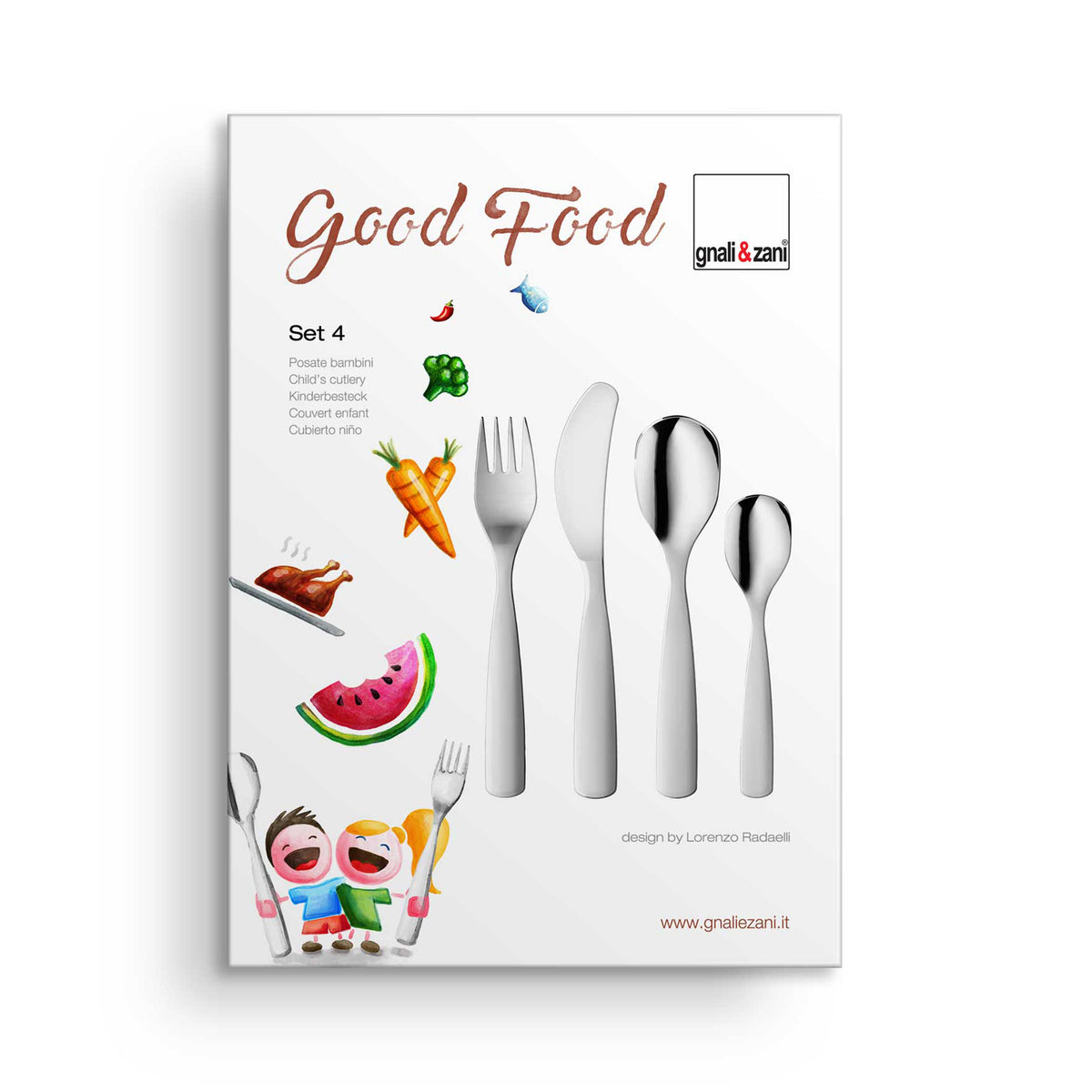 GNALI & ZANI stainless steel Kinderbesteck set in neutral colors, designed for children, with fork and spoon visible.