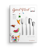 GNALI & ZANI stainless steel Kinderbesteck set in neutral colors, designed for children, with fork and spoon visible.