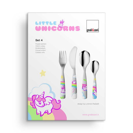 GNALI & ZANI Kinderbesteck Set with small unicorn design, featuring colorful utensils for children.