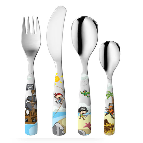 Colorful GNALI & ZANI children's cutlery set with pirate-themed stainless steel utensils for kids' meals.