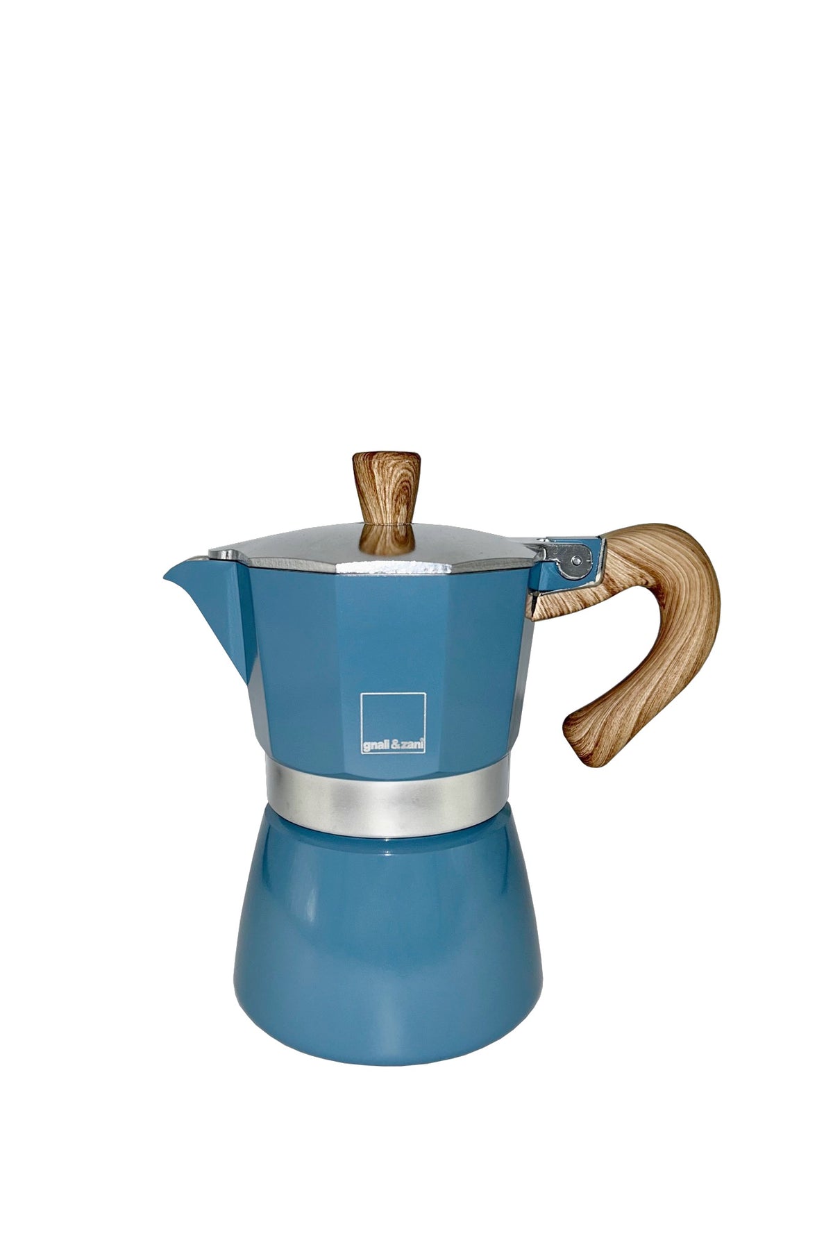 Blue GNALI & ZANI Venezia Espressokocher brewing coffee in a classic stovetop percolator.