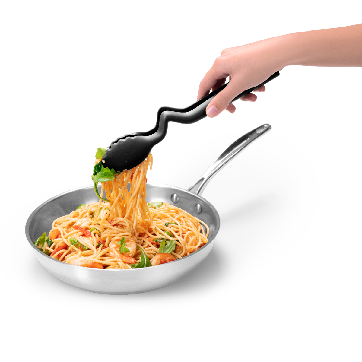 DREAMFARM black kitchen tongs, CLONGS, stainless steel and silicone handles, ideal for cooking and serving.