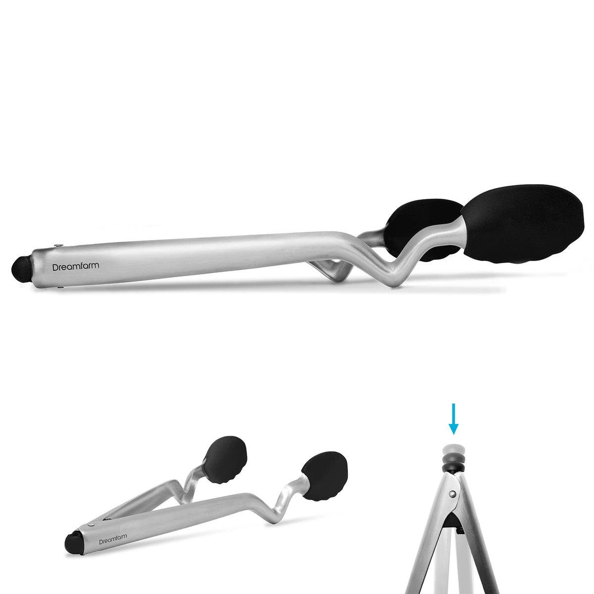 DREAMFARM black kitchen tongs (Küchenzange) with stainless steel handles, ideal for cooking and serving.