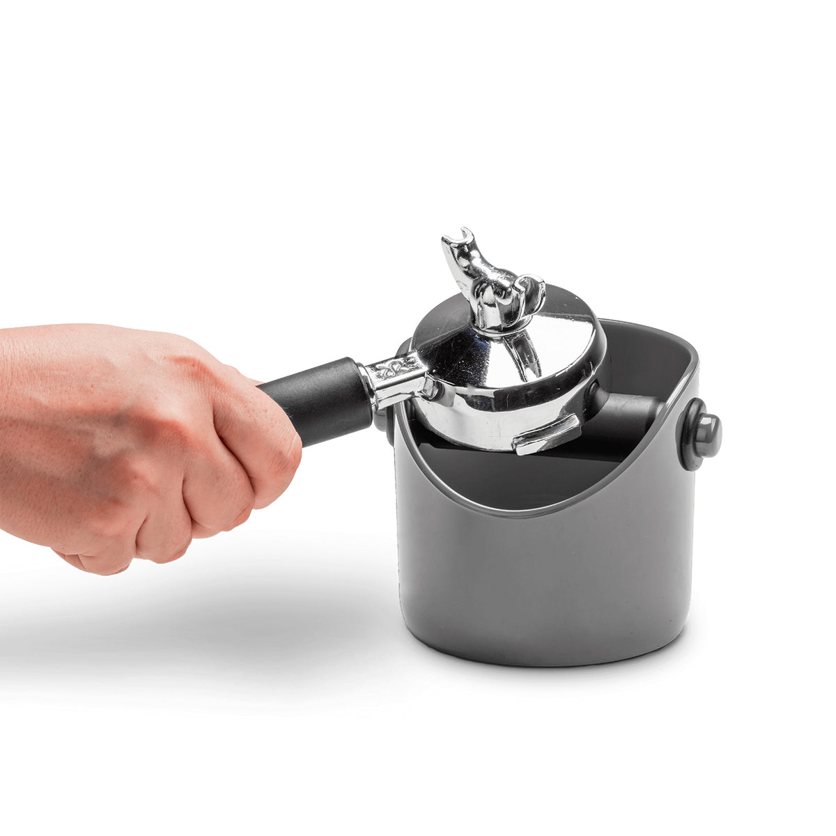 DREAMFARM Kaffeesatz-Behälter for used coffee grounds, black plastic container with lid, designed for coffee lovers.