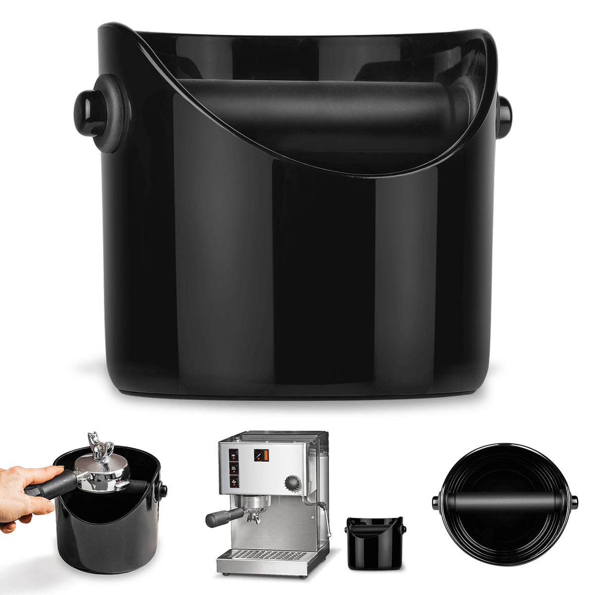 DREAMFARM Kaffeesatz-Behälter for coffee grounds, black plastic container with lid, designed for coffee waste storage.