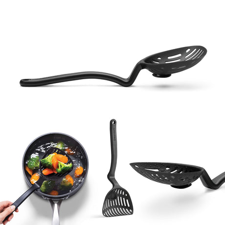 Black kitchen ladle from DREAMFARM, a versatile kitchen tool for scooping and serving liquids and ingredients.