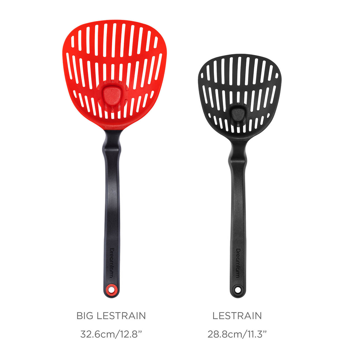 Black DREAMFARM Küchenhelfer Lestrain scoop with a long handle and rounded edge for easy pouring and serving.