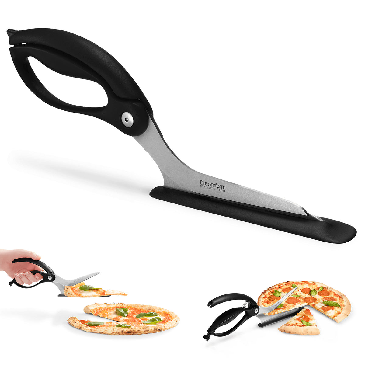 DREAMFARM Pizzaschere, SCIZZA pizza cutter with stainless steel blade and ergonomic handle for easy slicing.