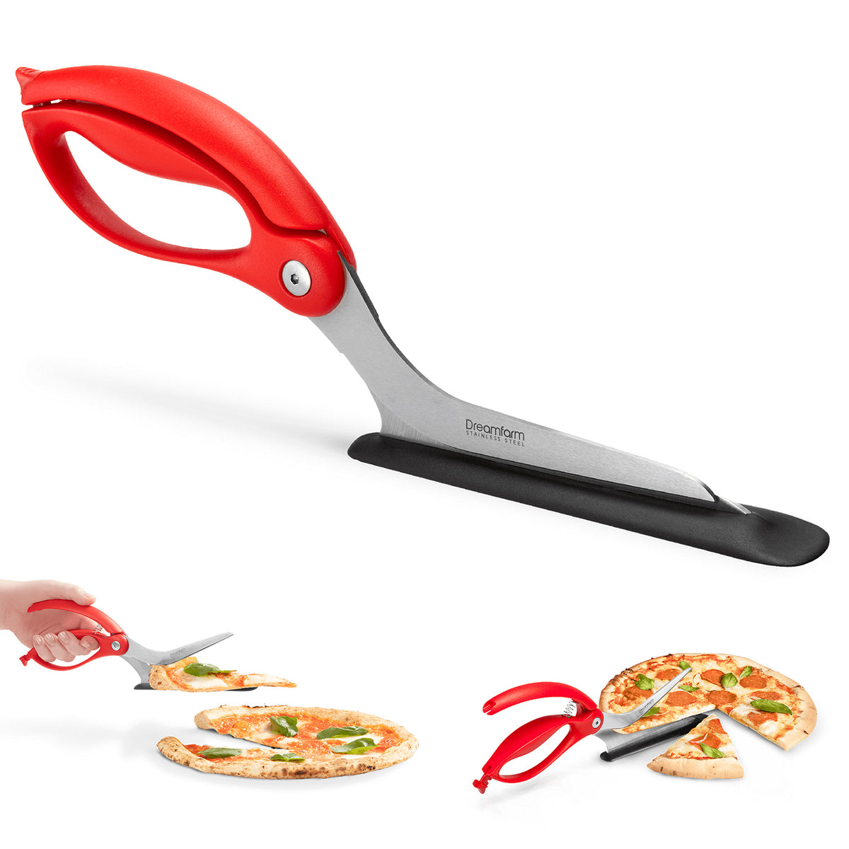 DREAMFARM Pizzaschere, SCIZZA pizza cutter with stainless steel blade and ergonomic handle for easy pizza slicing.