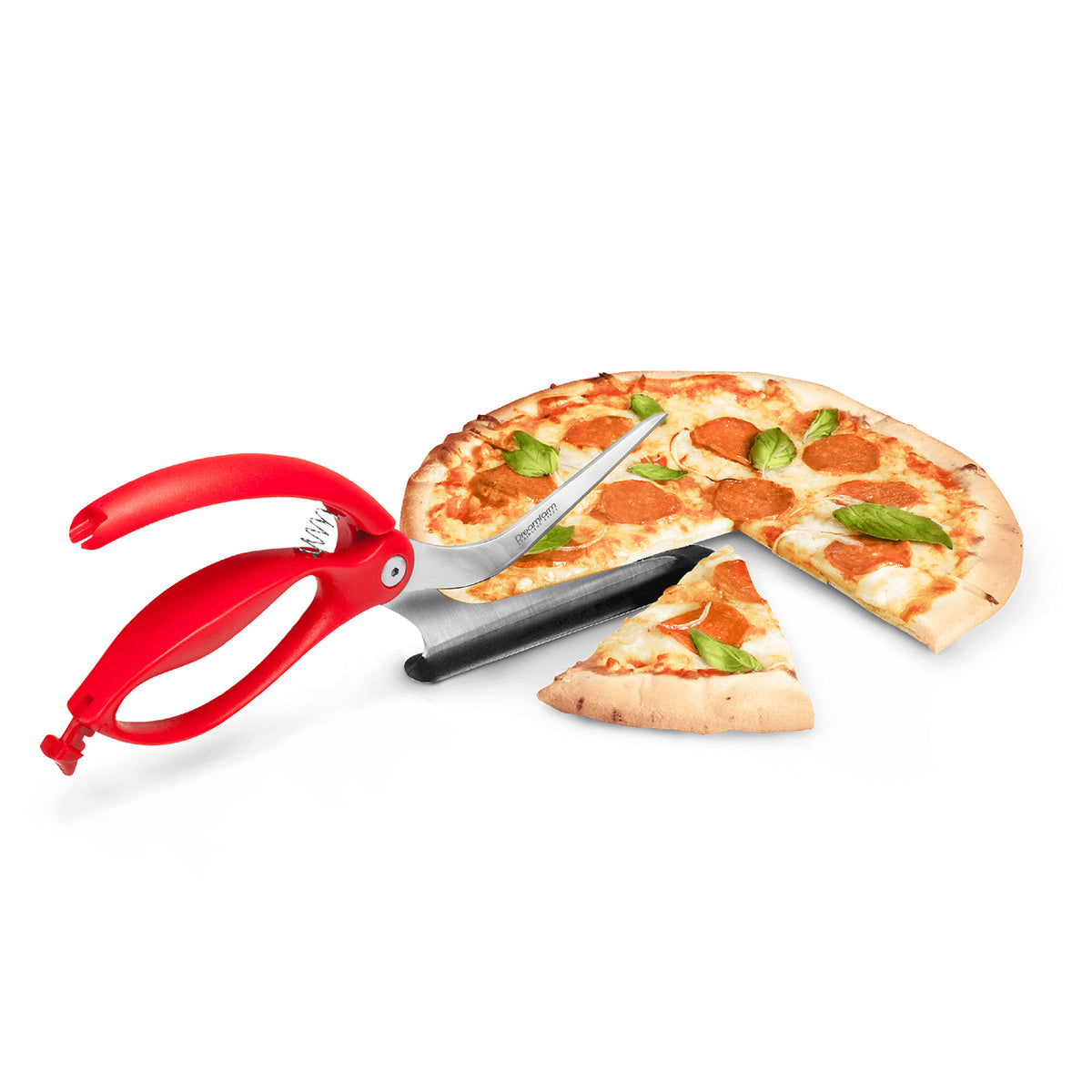 DREAMFARM Pizzaschere, SCIZZA pizza cutter with stainless steel blade and ergonomic handle for easy slicing.