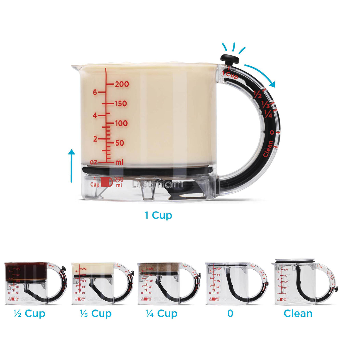 DREAMFARM messbecher measuring cup with clear markings, made of durable plastic, featuring a handle for easy pouring.