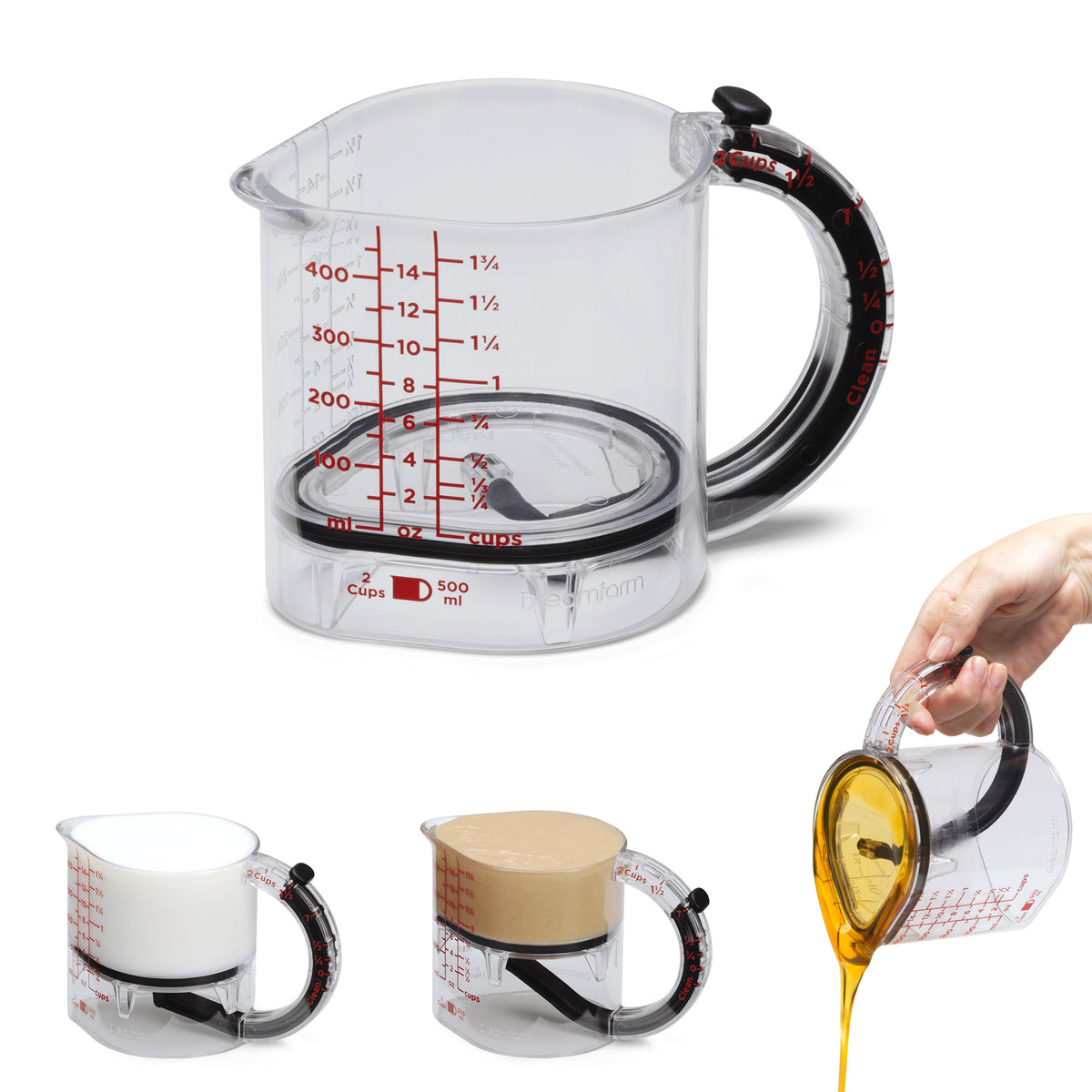 DREAMFARM messbecher measuring cup with clear markings, made of durable plastic, shown on a white background.
