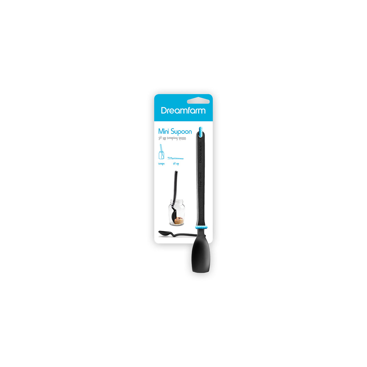 DREAMFARM mini soup spoon showing a small, stainless steel cooking spoon with a wooden handle for precise stirring and serving.