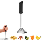 DREAMFARM SMOOD black potato masher, 29 cm long, with ergonomic handle and stainless steel mashing plate.