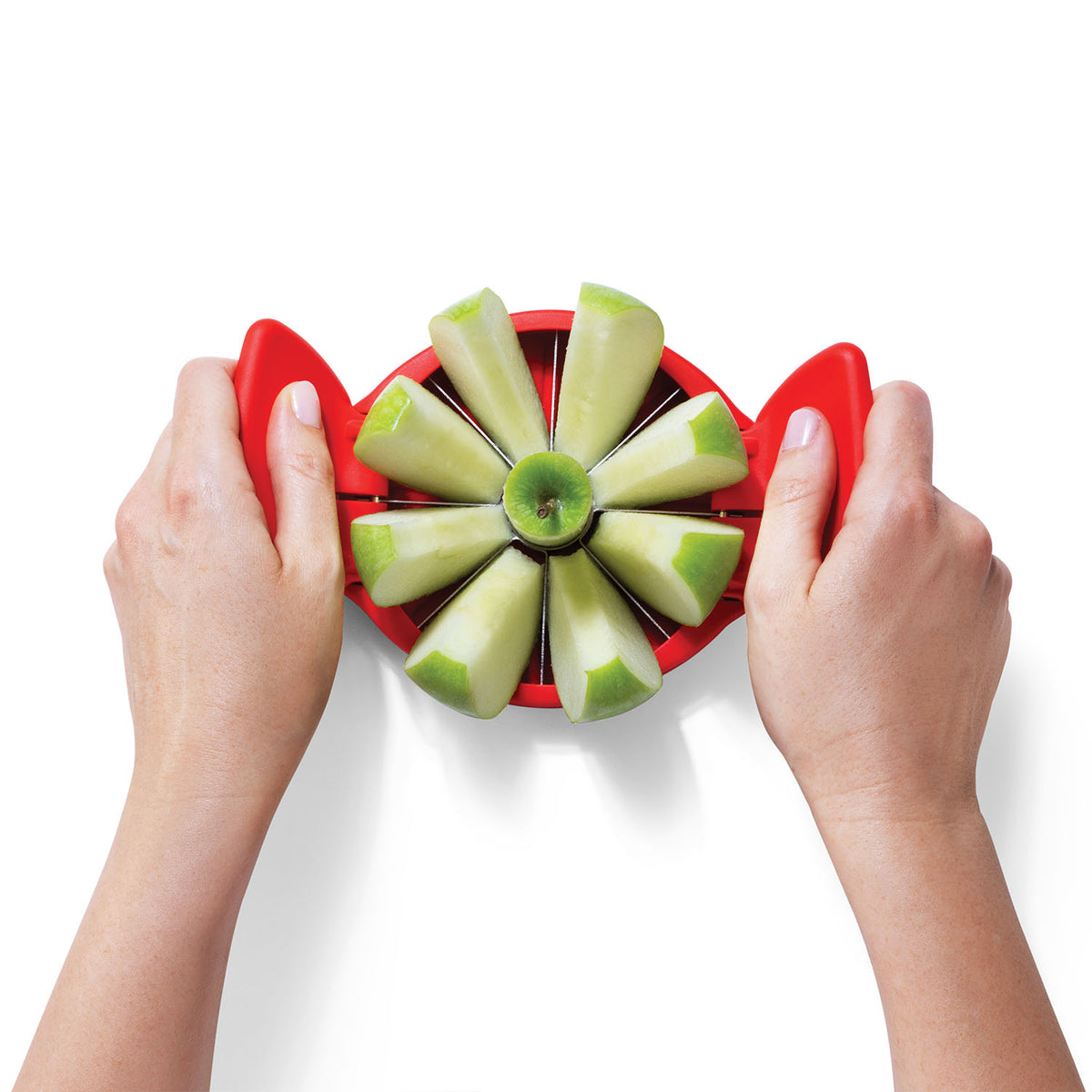 DREAMFARM red apple slicer FLAPPLE with 12.6 cm blade, designed for easy apple cutting and sectioning.