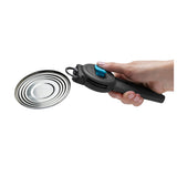 Black DREAMFARM can opener, 19.5 cm, featuring a durable metal blade and ergonomic handle for easy opening of canned goods.