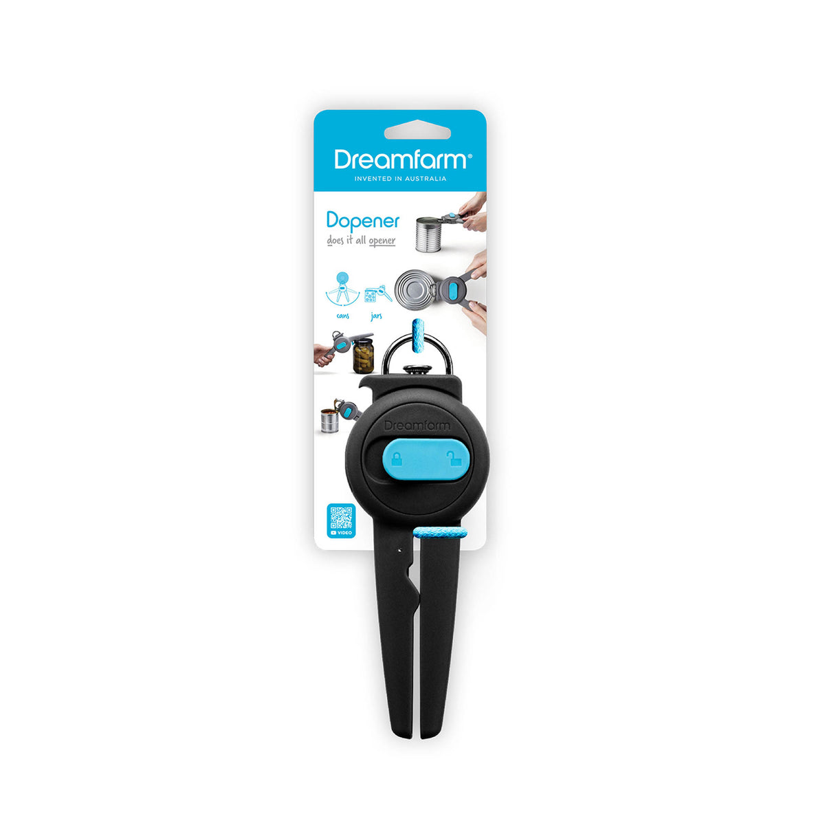 Black DREAMFARM can opener, 19.5 cm long, with a sturdy handle and rotating cutting wheel for easy can opening.