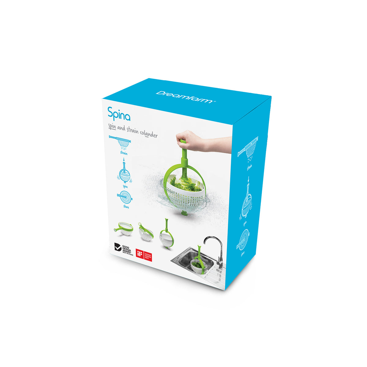 DREAMFARM 2-in-1 salad spinner in green with a 3.4L capacity, showing the salad spinner with drying basket and lid.
