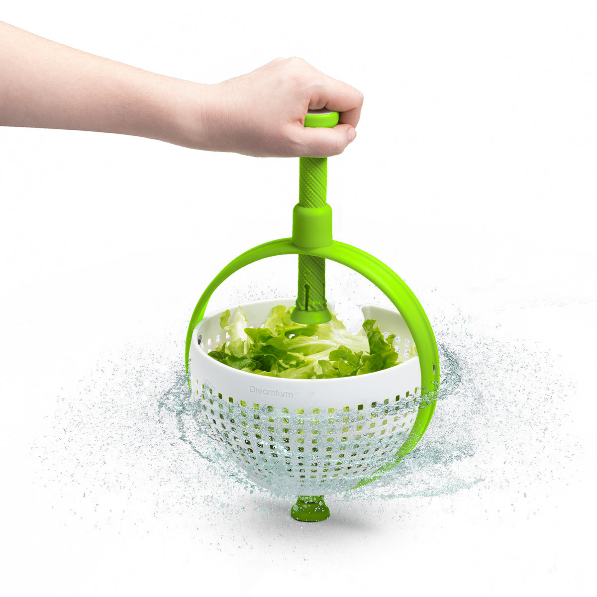 DREAMFARM 2-in-1 salad spinner in green with 3.4-liter capacity, featuring a compact design for washing and drying greens.