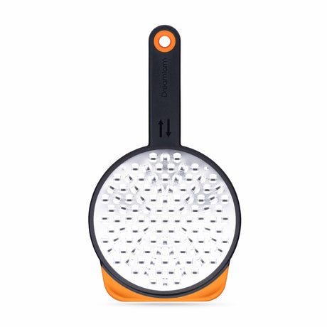 DREAMFARM Küchenreibe in Silber, versatile grater for cheese, vegetables, and zesting, with a sturdy handle and sharp blades.