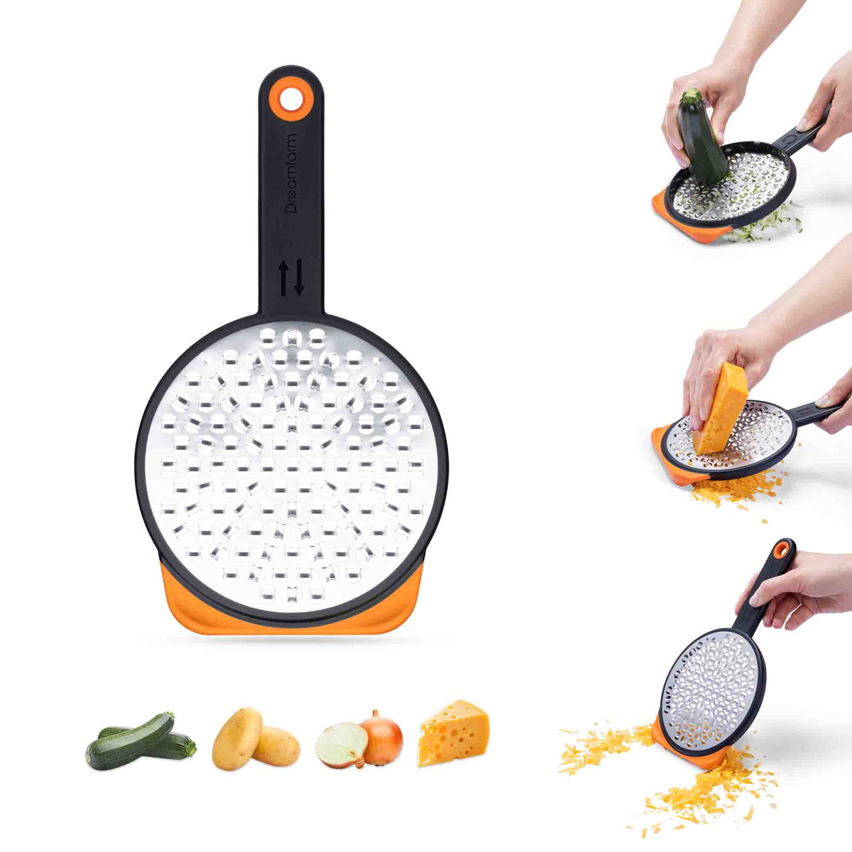 DREAMFARM Küchenreibe in Silber with four-sided grating surface for efficient food preparation and slicing.