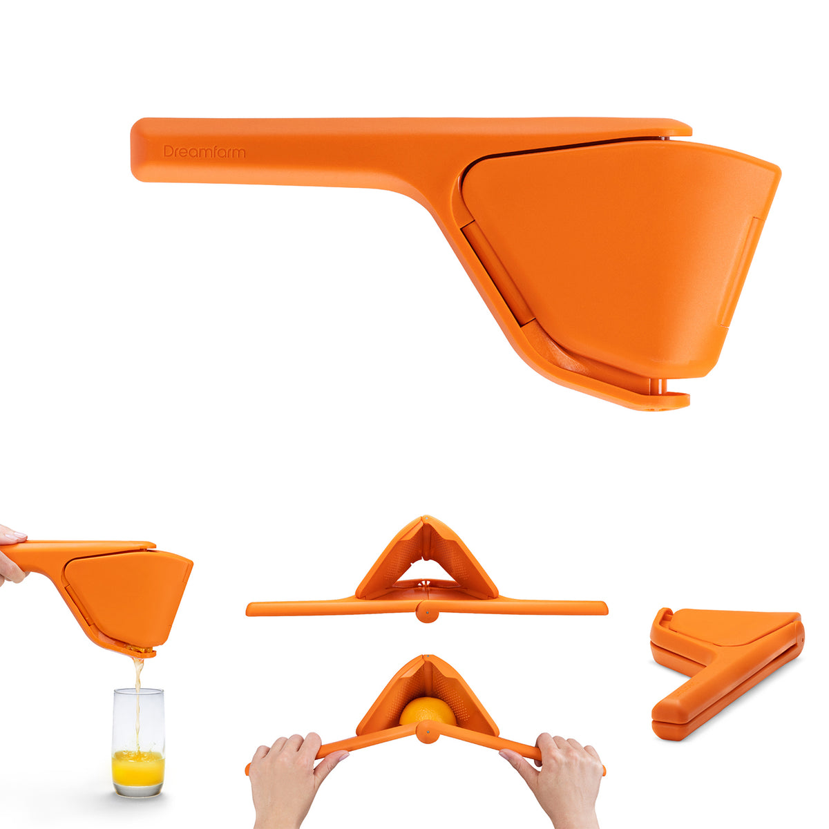 DREAMFARM orange juicer, FLUICER, with ergonomic handle and stainless steel reamer for fresh citrus juice extraction.