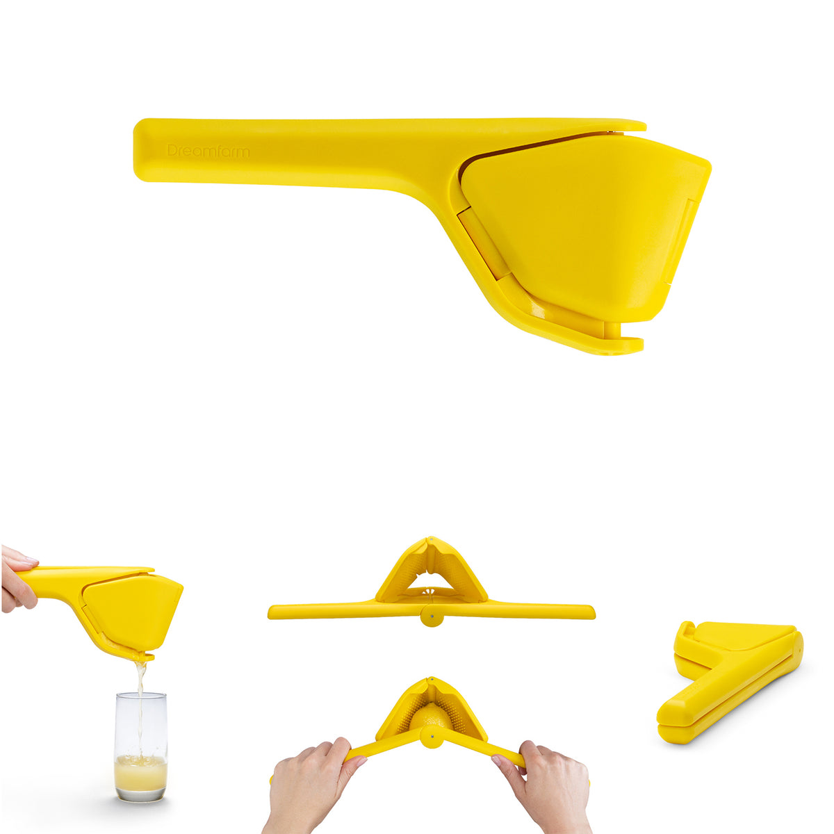 DREAMFARM orange juicer, FLUICER, with a sleek design and orange fruit being pressed for fresh juice.