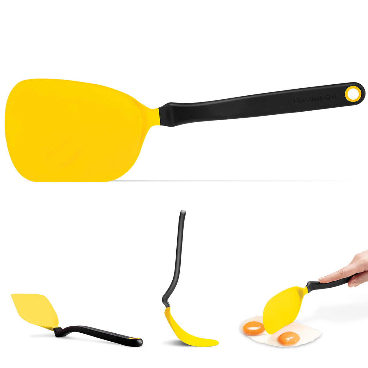 DREAMFARM Chopula frying pan spatula, black silicone and stainless steel cooking utensil for flipping and serving food.