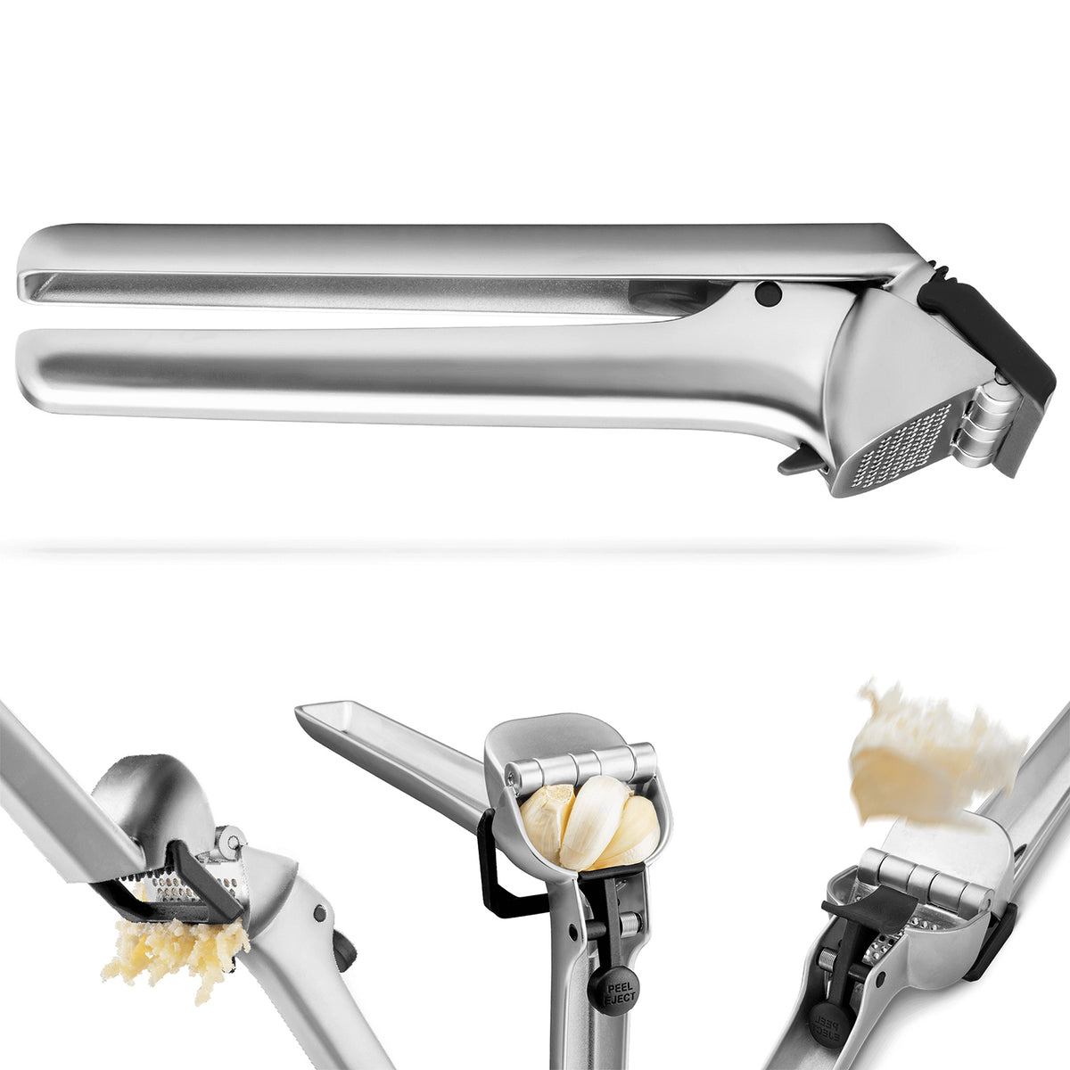 DREAMFARM garlic press GARJECT with stainless steel construction and ergonomic handle for easy garlic crushing.