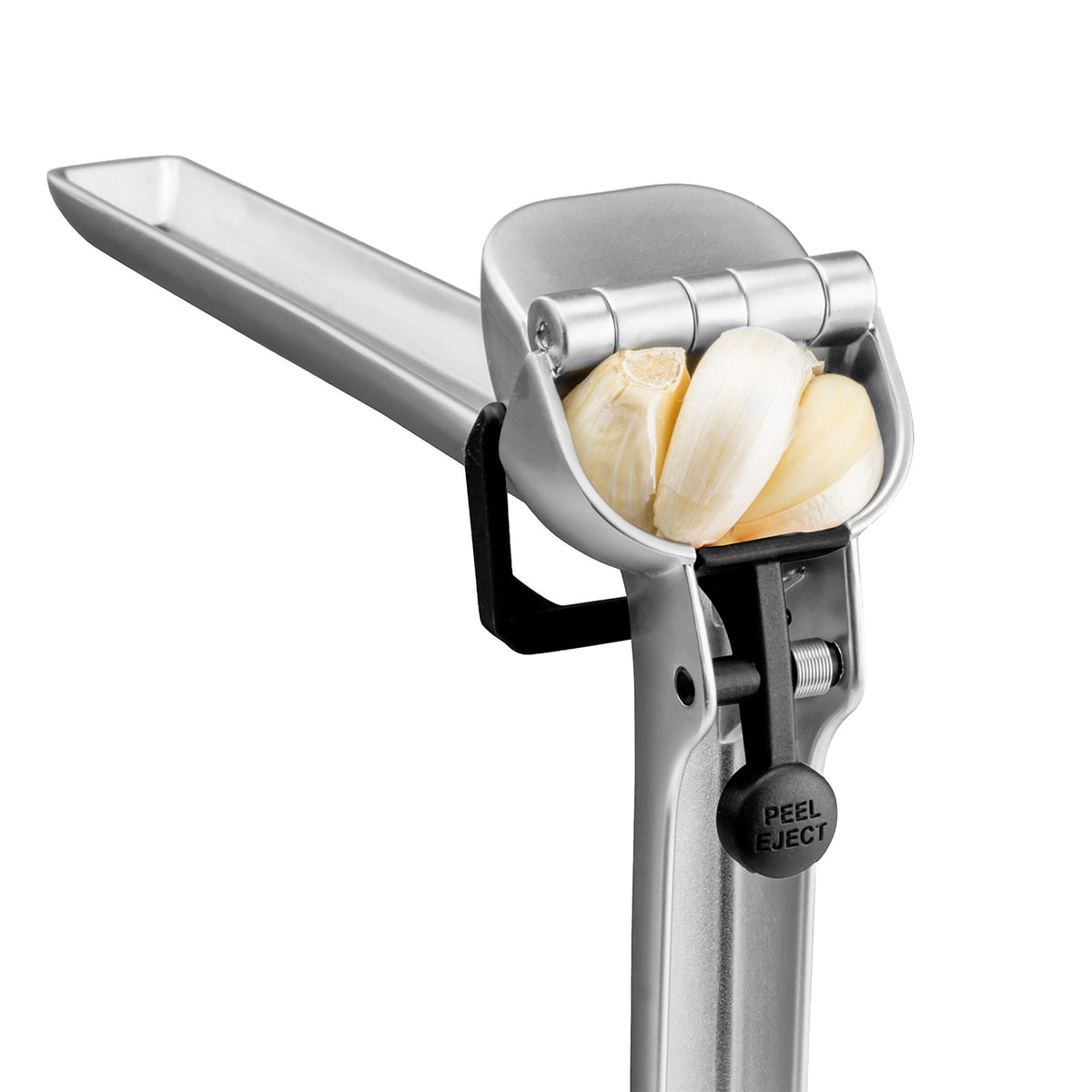 DREAMFARM garlic press GARJECT with stainless steel body and ergonomic handle for easy garlic crushing and mincing.