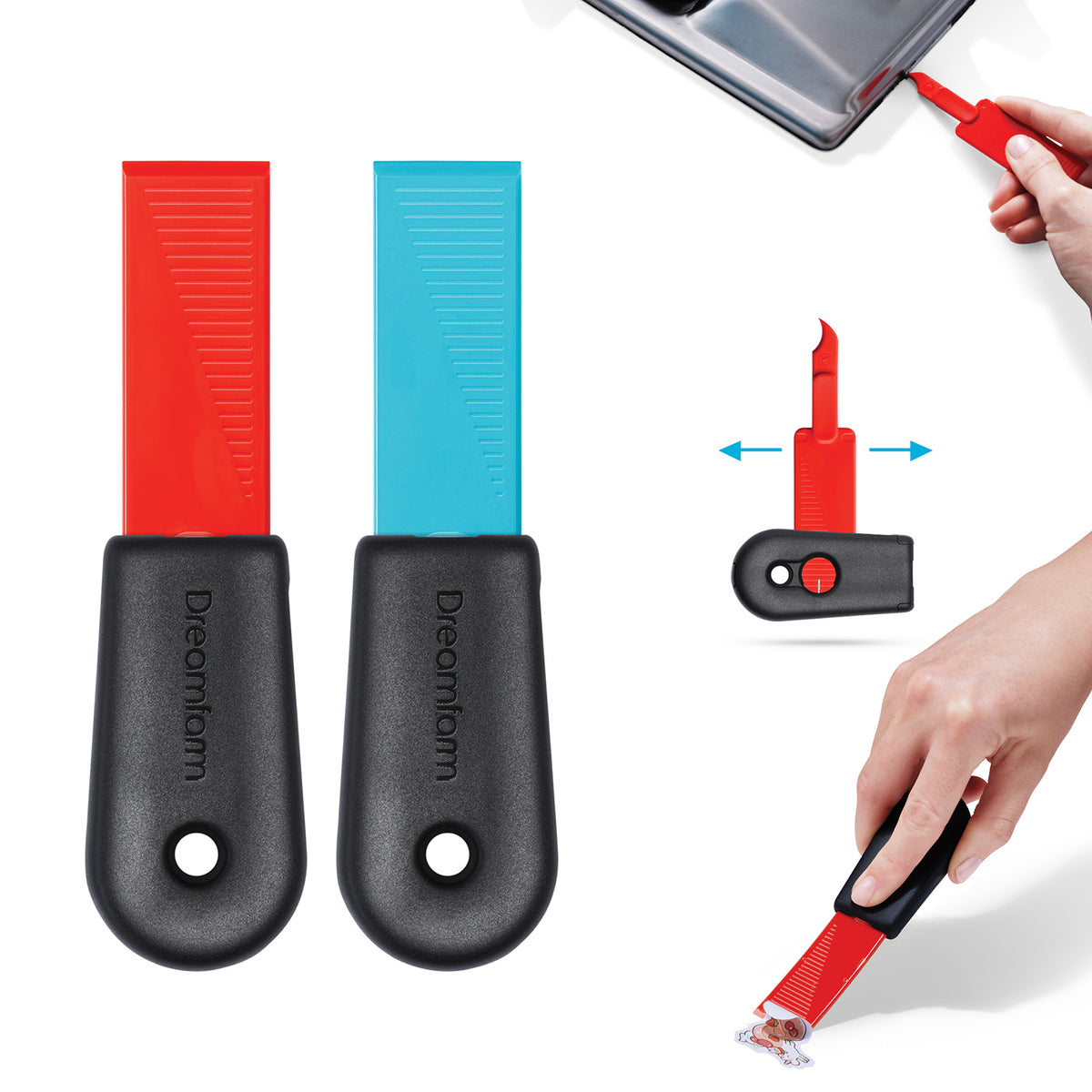 DREAMFARM CLEANA cleaning scraper in blue and red, two-piece set with ergonomic handles for effective surface cleaning.