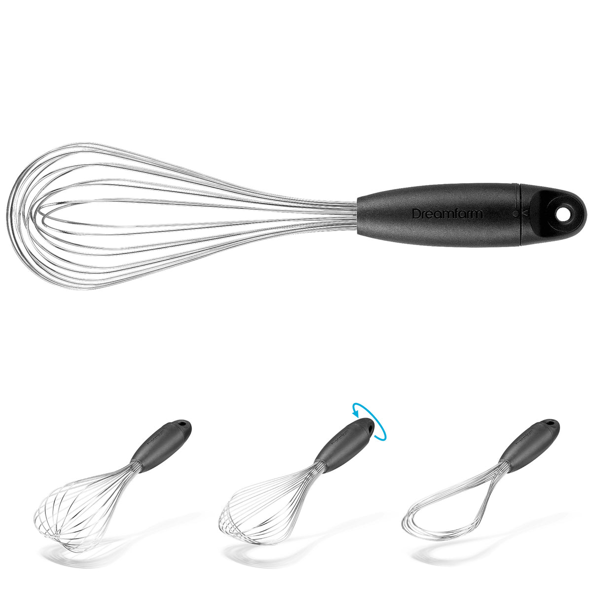 DREAMFARM Schneebesen (whisk) with stainless steel handle and wire loops, ideal for mixing and whipping ingredients in the kitchen.