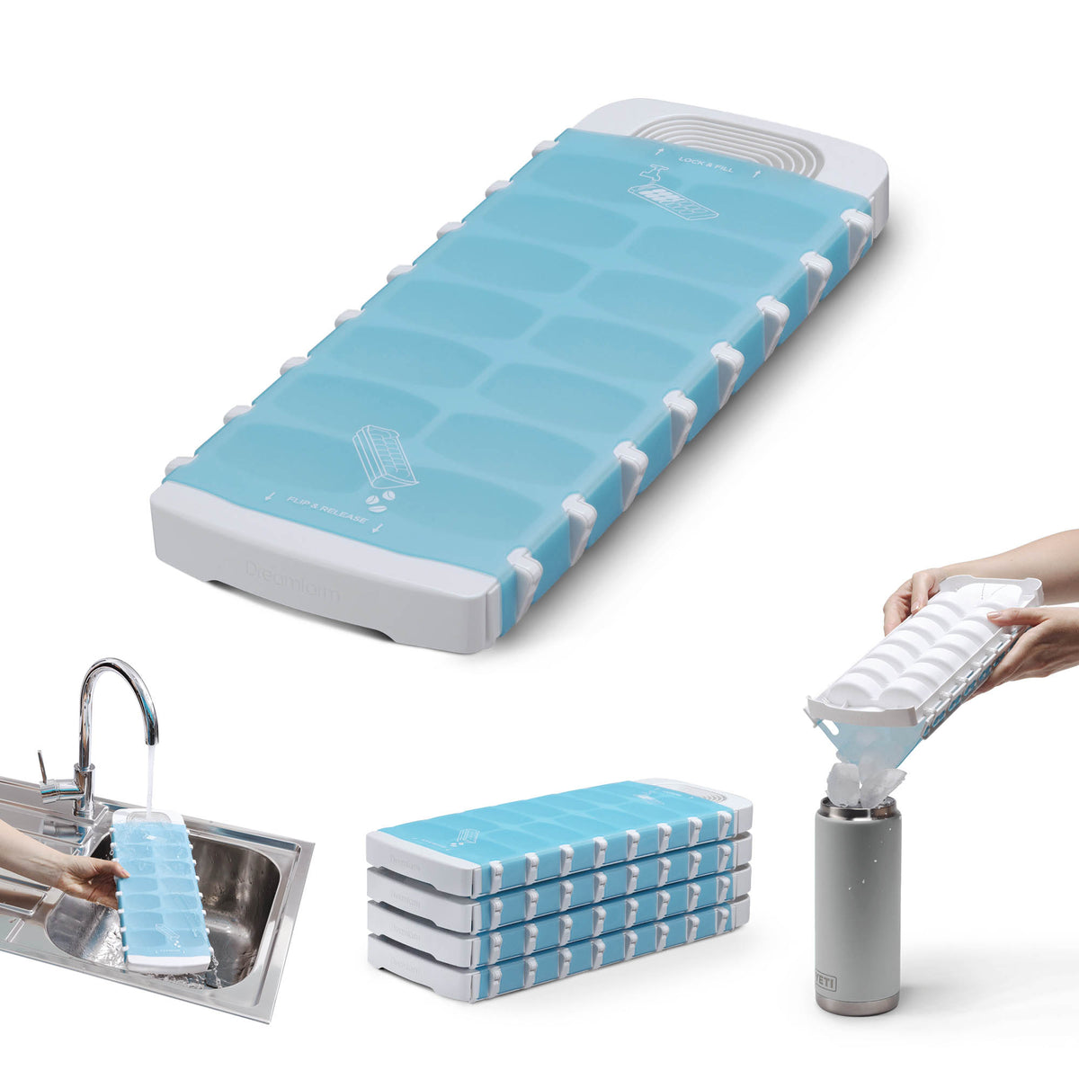 White DREAMFARM Eiswürfelform with multiple ice cube molds for making clear, square-shaped ice cubes.