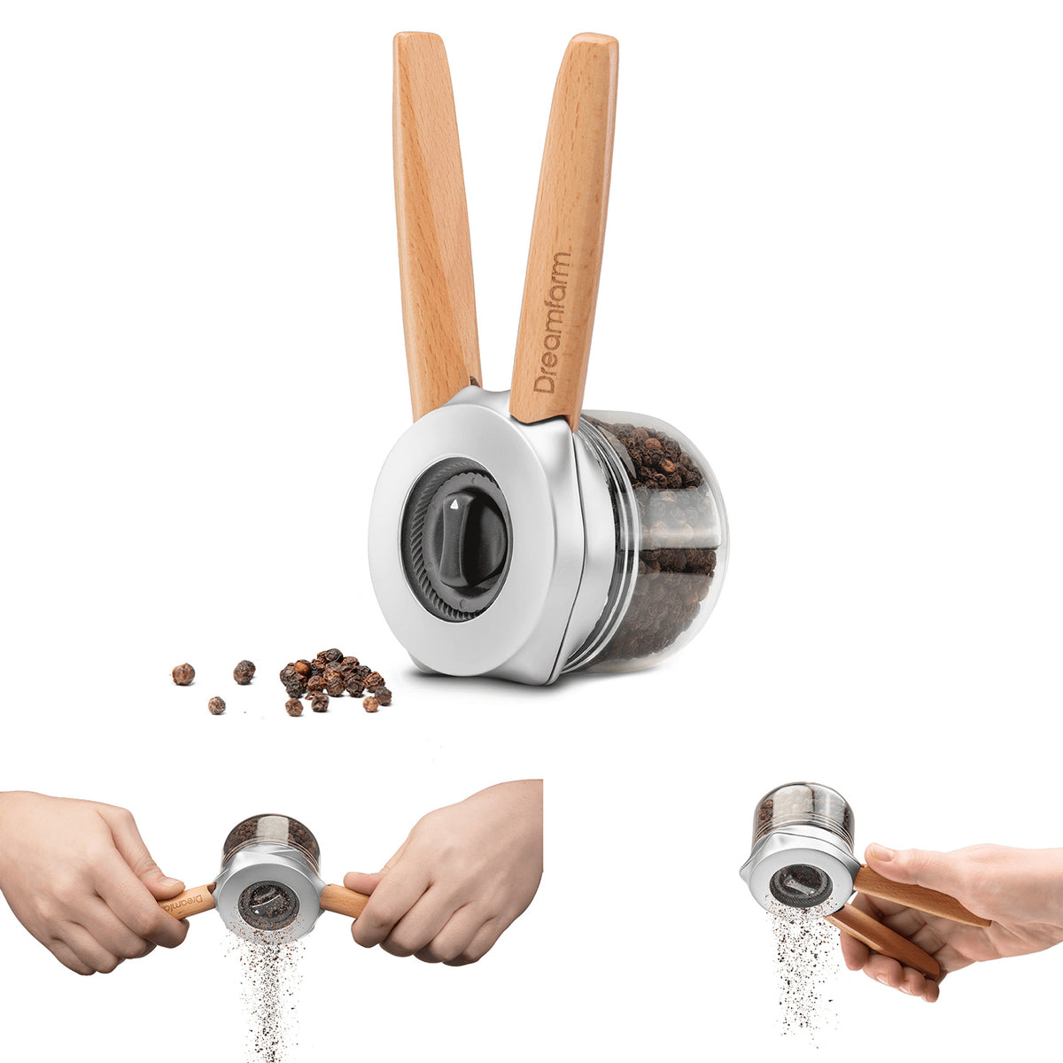 DREAMFARM ORTWO black spice grinder with a sleek cylindrical design and textured grip surface for effortless grinding.