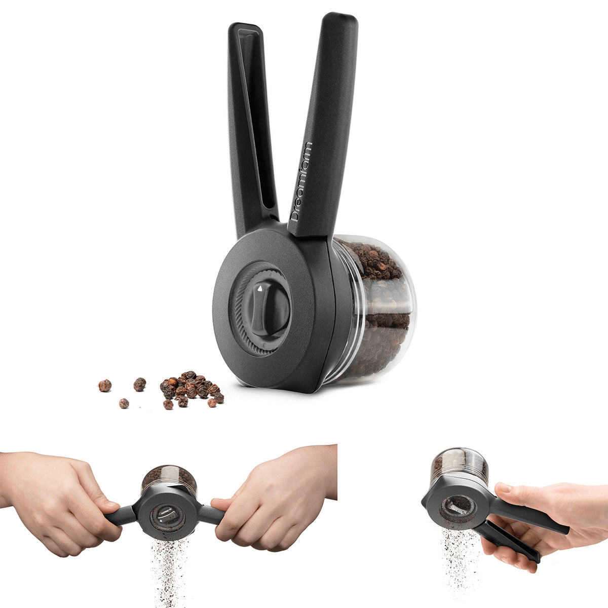 DREAMFARM ORTWO black spice grinder with a sleek modern design and adjustable ceramic grinding mechanism.