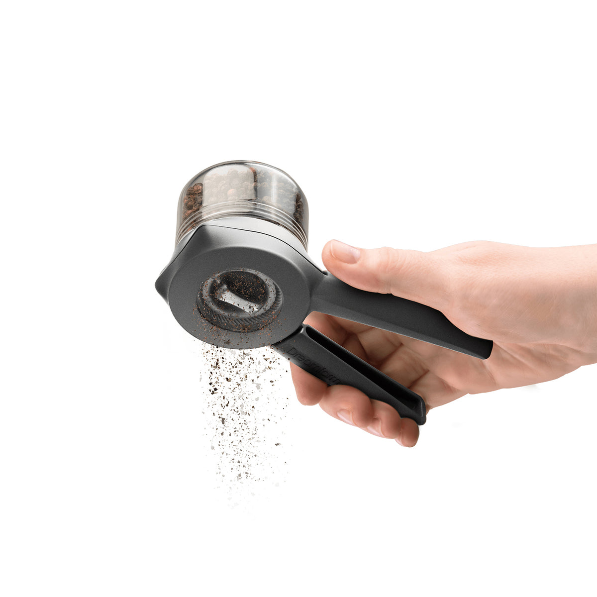 DREAMFARM ORTWO black spice mill with a sleek design and adjustable grinding mechanism.