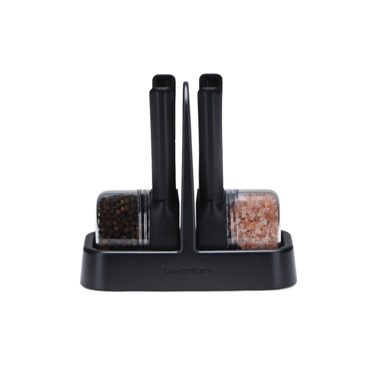 DREAMFARM ORTWO Lite black spice grinder set with two sleek, modern salt and pepper mills on a wooden surface.
