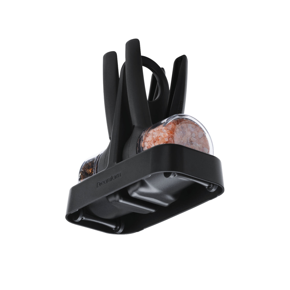DREAMFARM ORTWO Lite black spice grinder set with two sleek, modern salt and pepper mills on a wooden surface.