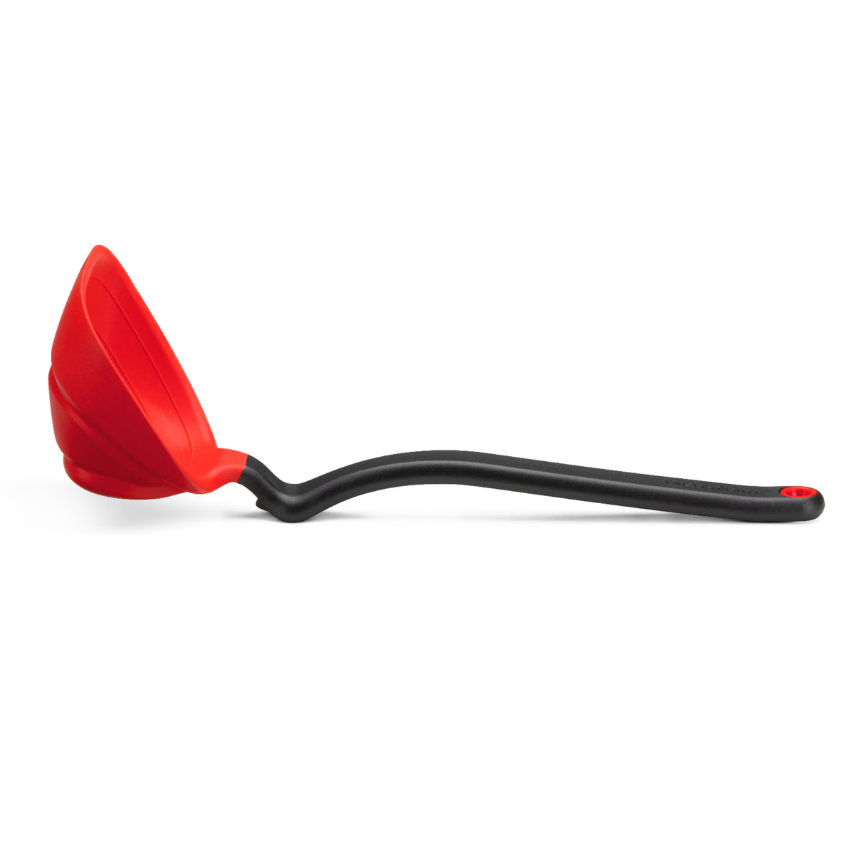 Red DREAMFARM Schöpfkelle (ladle) with a long handle, designed for serving soups and liquids in the kitchen.
