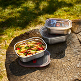 BLACK+BLUM stainless steel multifunction storage containers in a set of three, rectangular shape with lids.