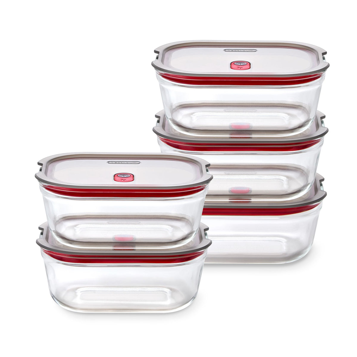 Set of five BLACK+BLUM glass multifunctional storage jars with black lids, ideal for kitchen organization and food storage.