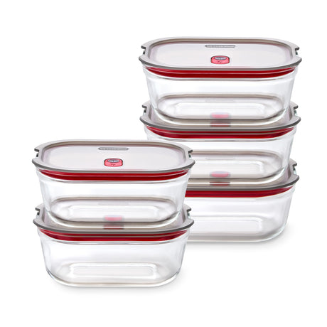 Set of five BLACK+BLUM glass multifunctional storage jars with black lids, ideal for kitchen organization and food storage.
