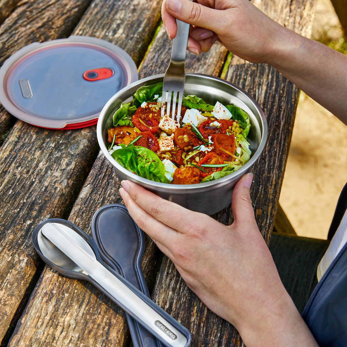 BLACK+BLUM stainless steel multifunctional storage container with lid, ideal for kitchen organization and food storage.