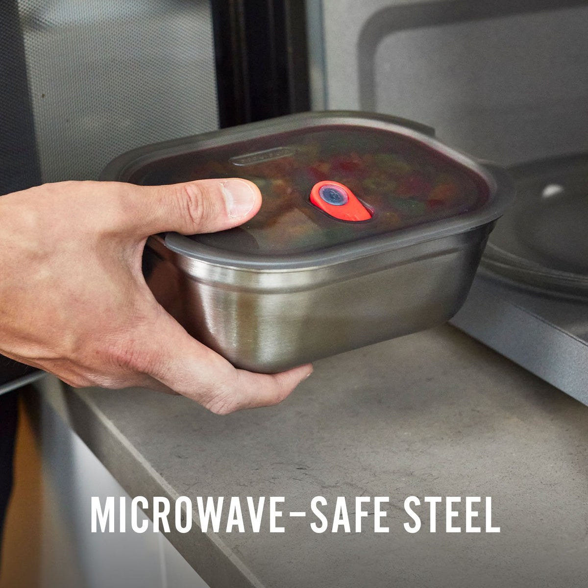 Black+Blum stainless steel multifunction storage boxes in a 3-piece set, microwave-safe with sleek design.